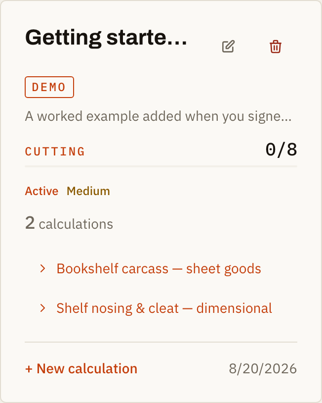 A Yieldsaw project card showing calculations and cutting progress