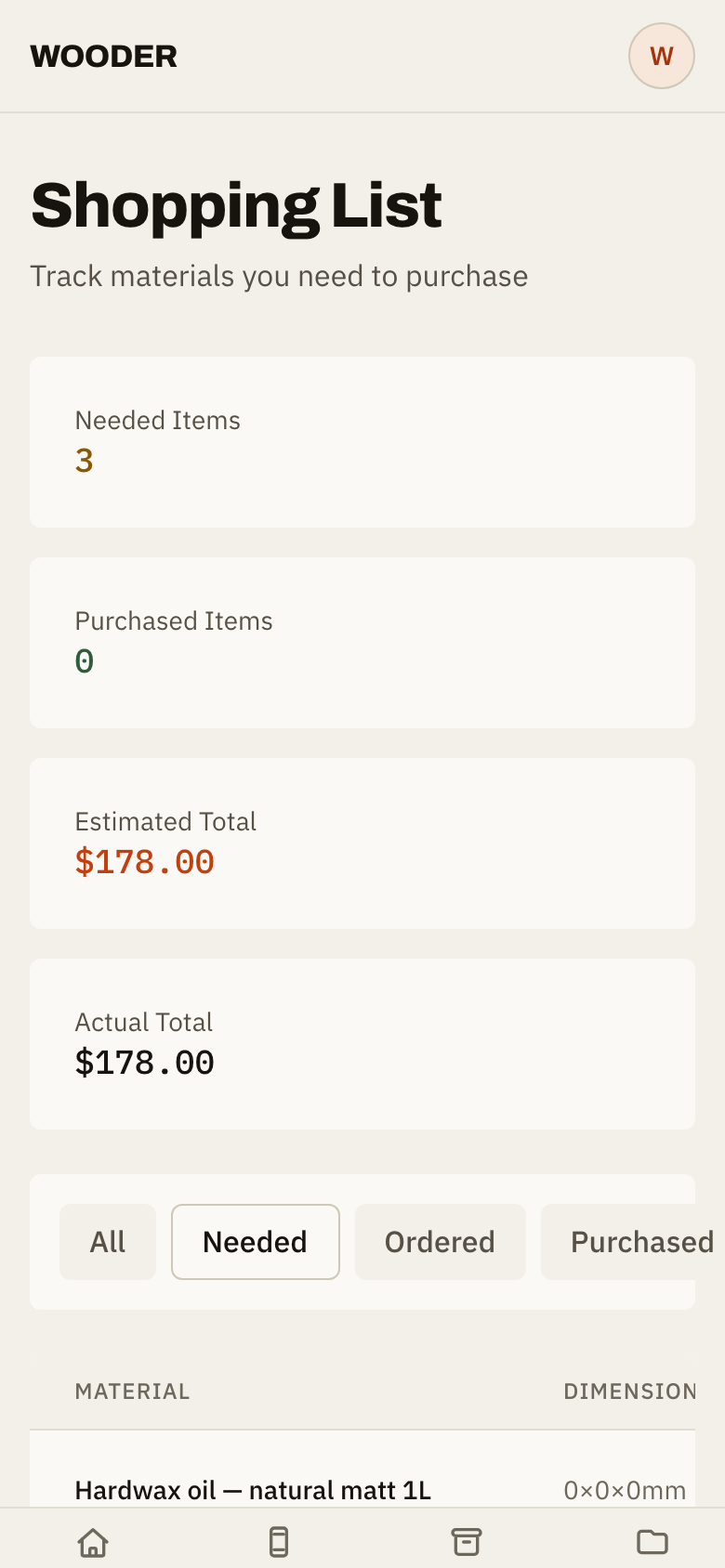 Shopping list showing materials, quantities and costs