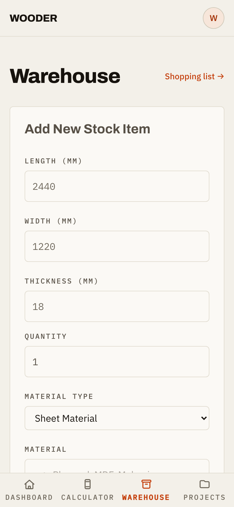 Warehouse view listing stocked materials with quantities